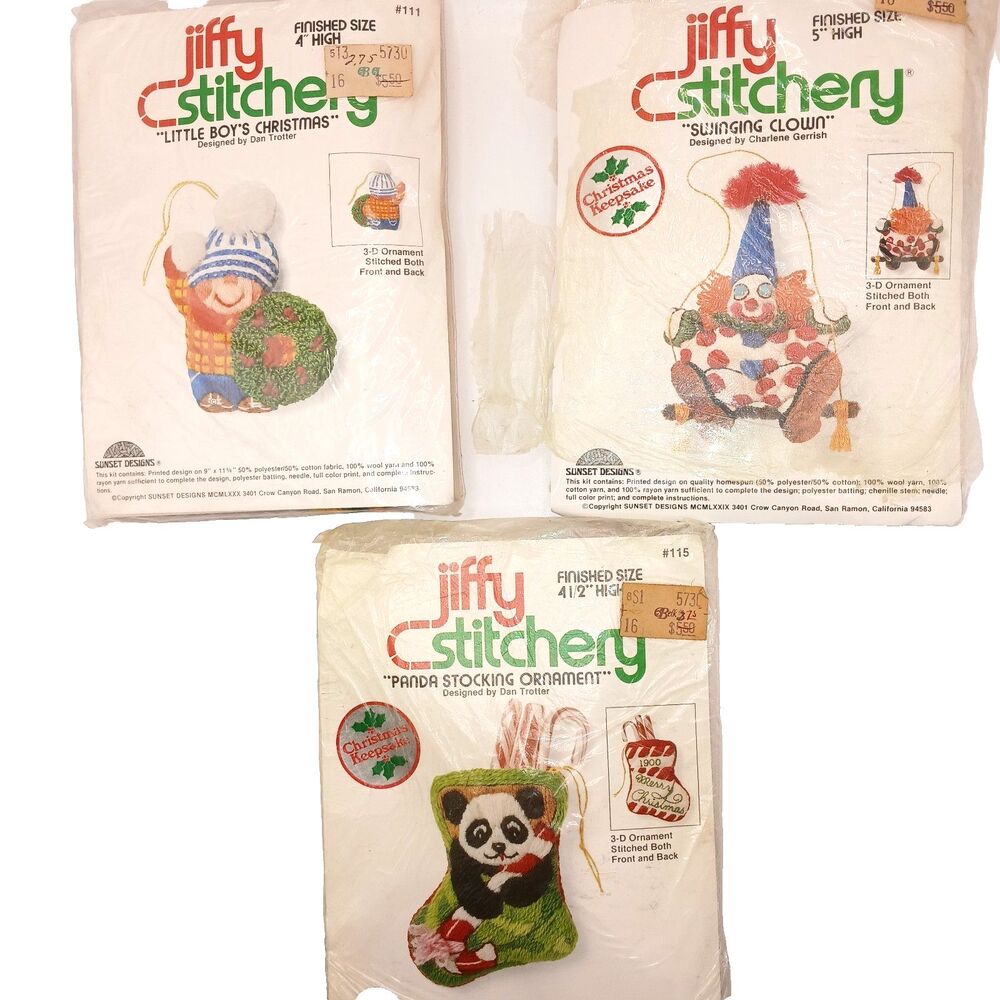 Jiffy Stitchery Panda Little Boy Clown 3-D Ornament Kits #111 115 and 153 Sunset
